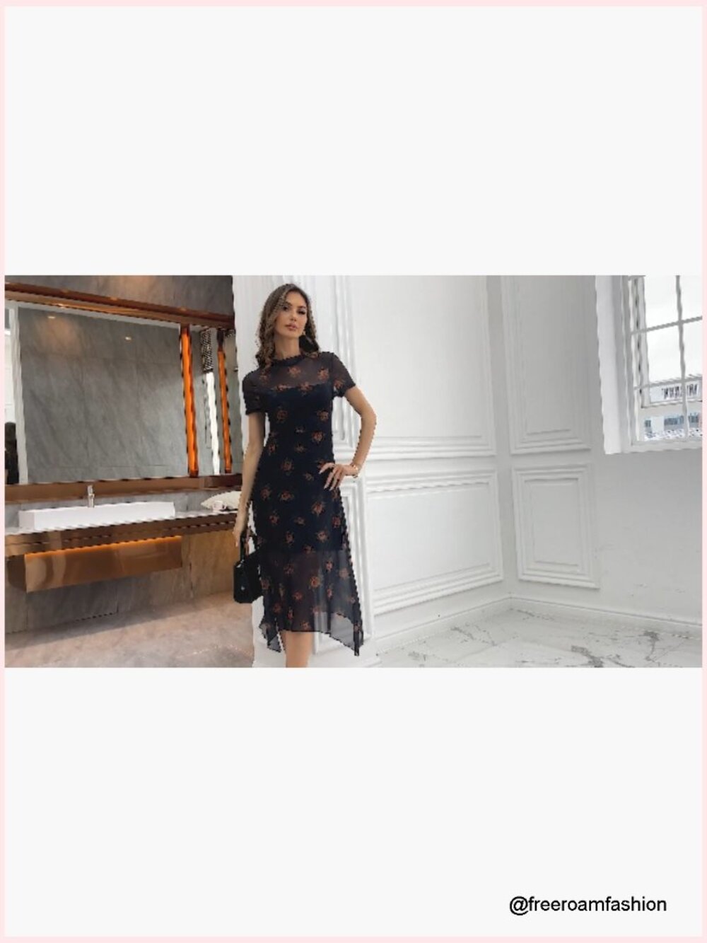Floral Print Vintage Mesh Spliced Midi Dress with Irregular Hemline - Picture 7 of 7